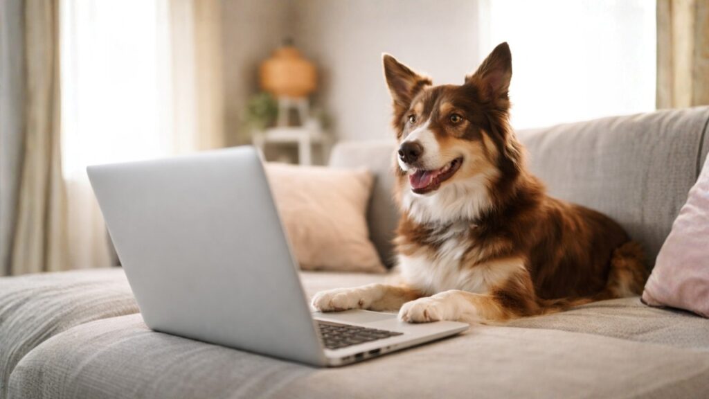 Hund vor Laptop – digitaler Produktkauf über den Online-Shop der Tierarztpraxis mit AniPoint